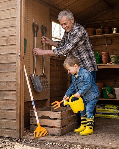 Grand-père et enfant avec arrosoir et râteau jouet dans un abri de jardin